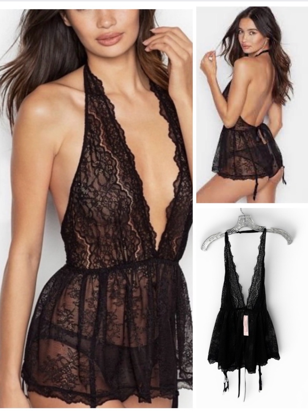 Victoria’s Secret NWT Unlined lace plunge babydoll nighty with garters